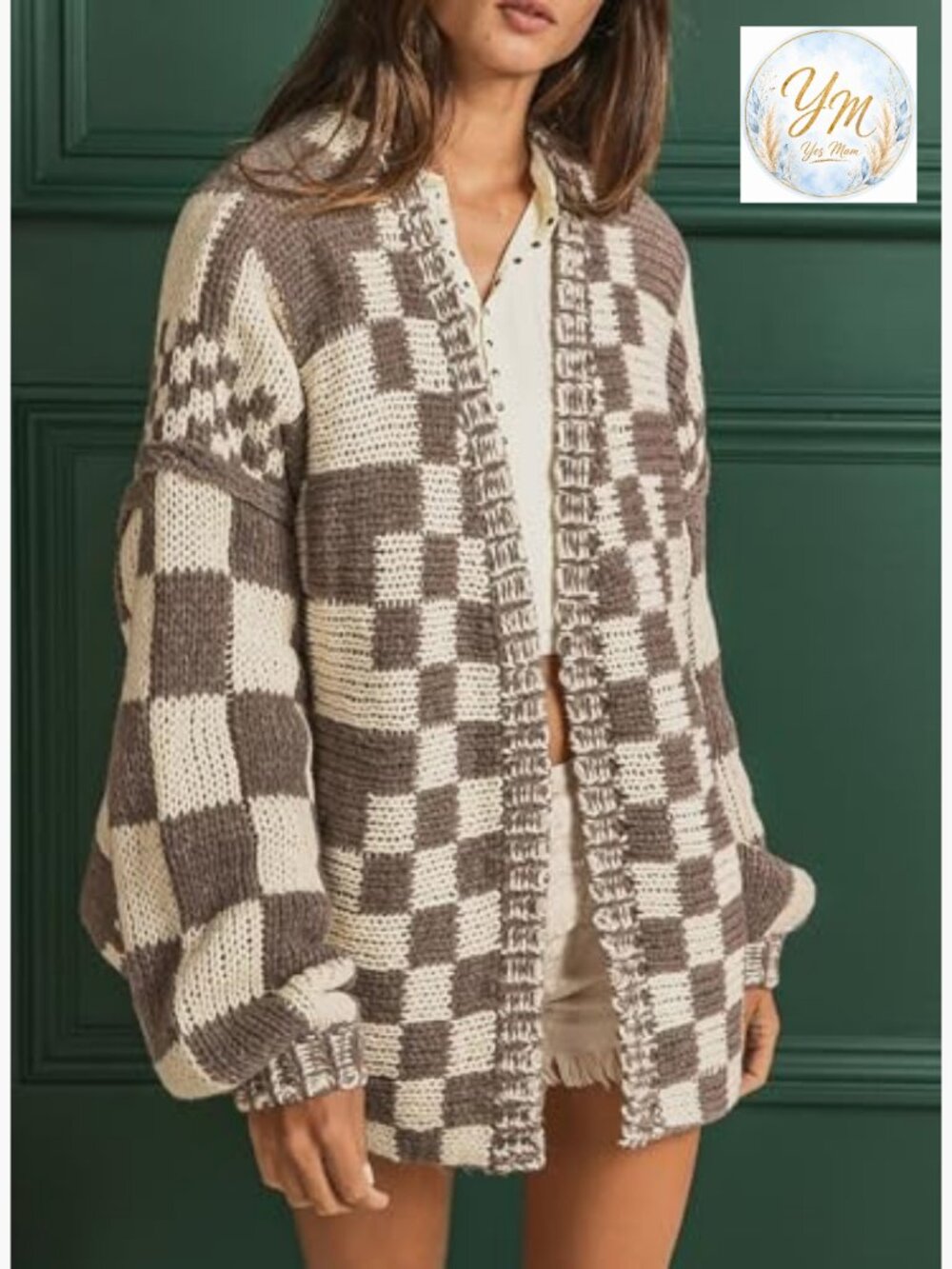 Vintage Open Front Chunky Knit Plaid Long Sleeve Cardigan - Picture 5 of 7